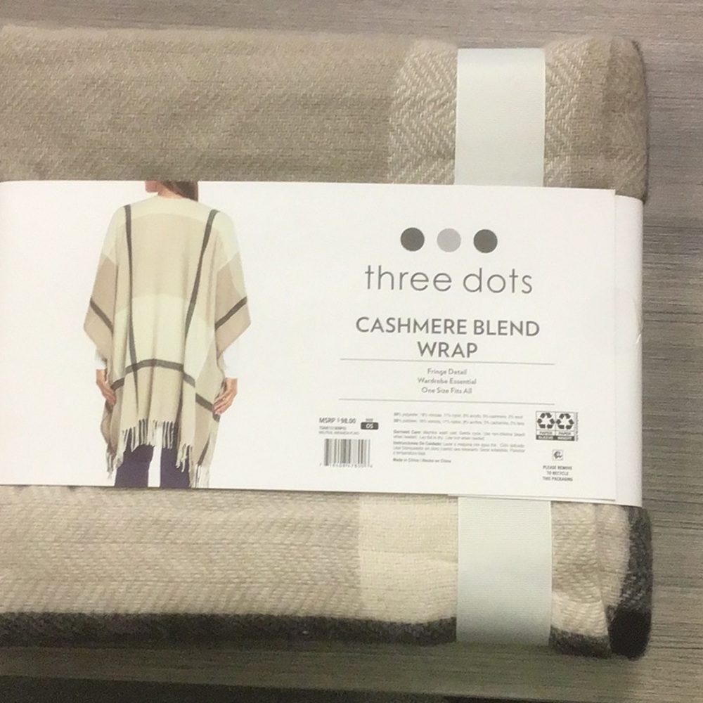 NWT THREE DOTS CASHMERE BLEND WRAP - neutral colors One size - Picture 4 of 4